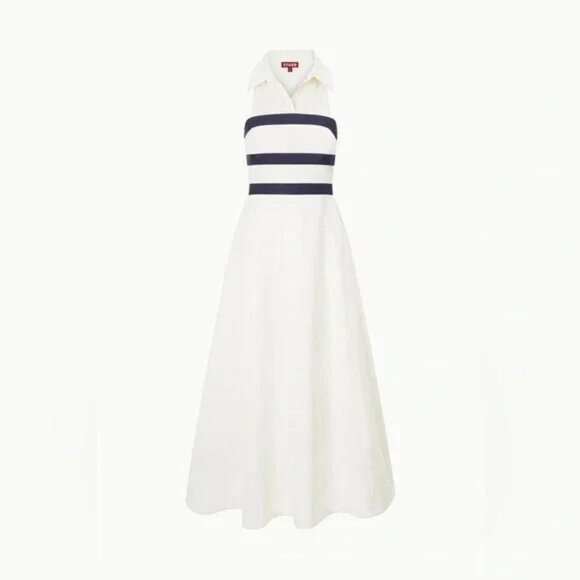 STAUD CAPTAIN IVORY OFF WHITE NAVY BLUE STRIPED HALTER MIDI DRESS SIZE 4 NWT - Picture 8 of 15